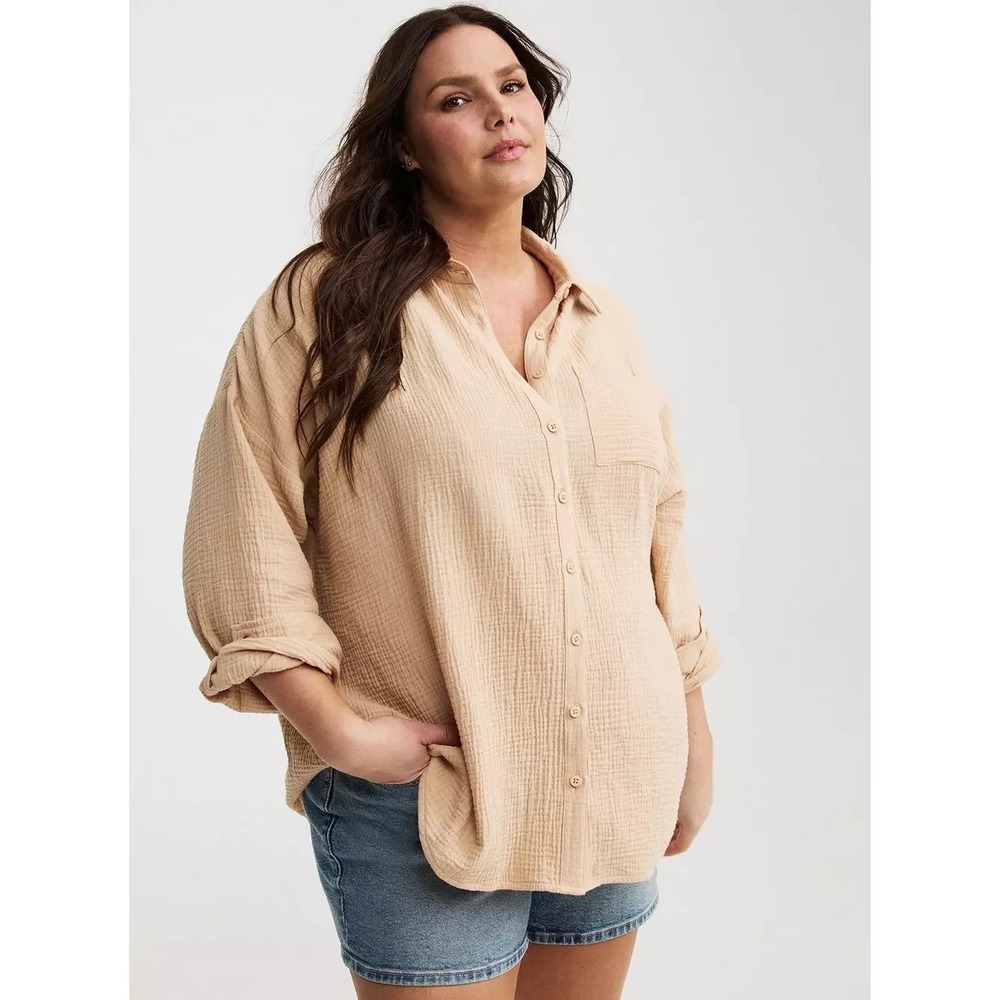 Torrid Cotton Gauze Drop Shoulder Button Down Shirt Ginger Root Tan 3X 43905488